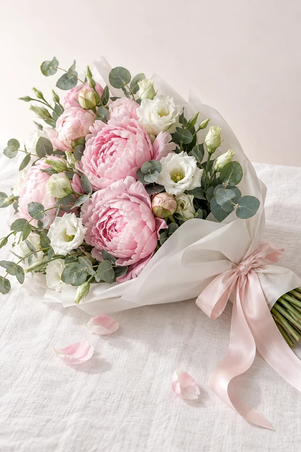 Beyaz kâğıda sarılmış pembe şakayık ve beyaz lisianthus buketi